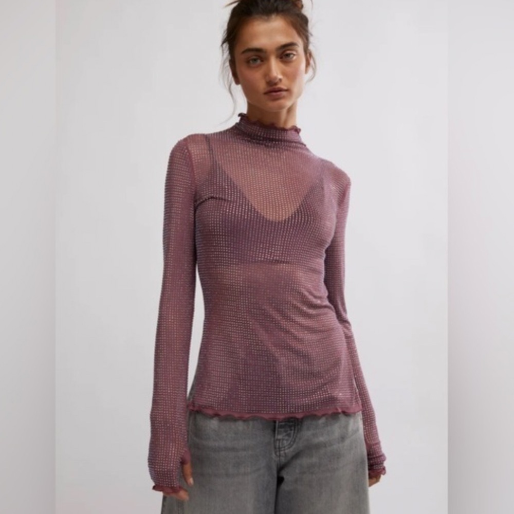 Free People Sheer Ribbed Long-Sleeve Top in Mauve